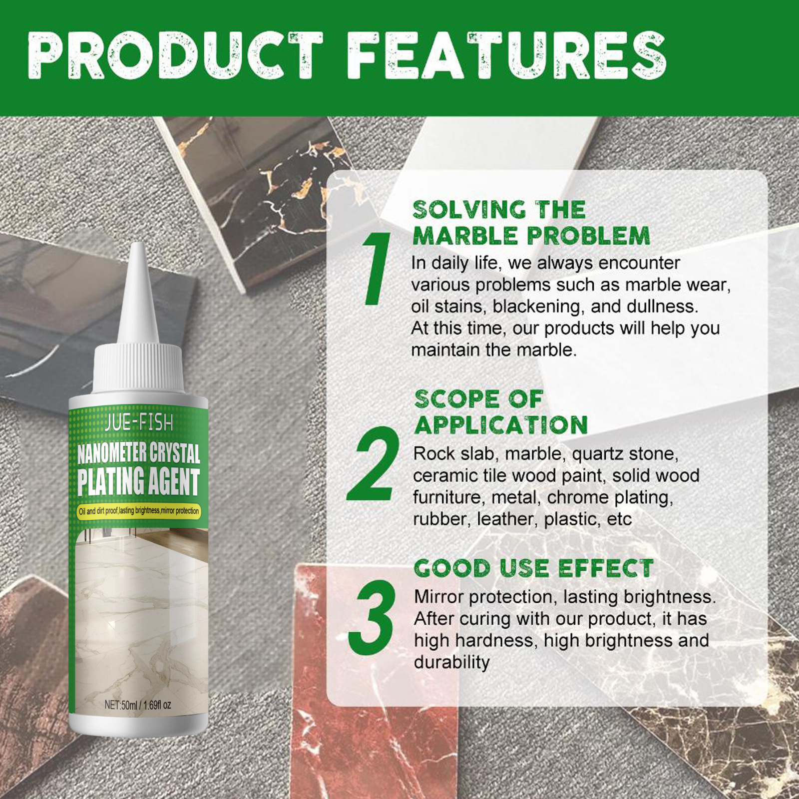 Jue-Fish Stone crystal coating agent, marble polishing nano-crystalline liquid, tile scratch care, brightening and restoration Specification drawing