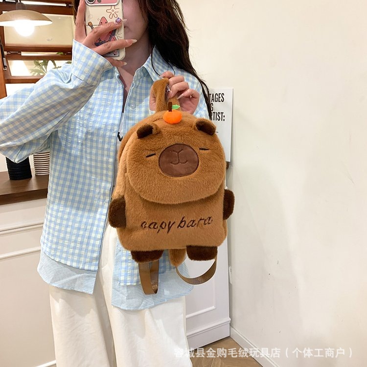 The new cute Capibara backpack features a high level of appearance and cartoon versatility. It's a student bag for girls and an ugly and cute capybara plush bag details Picture