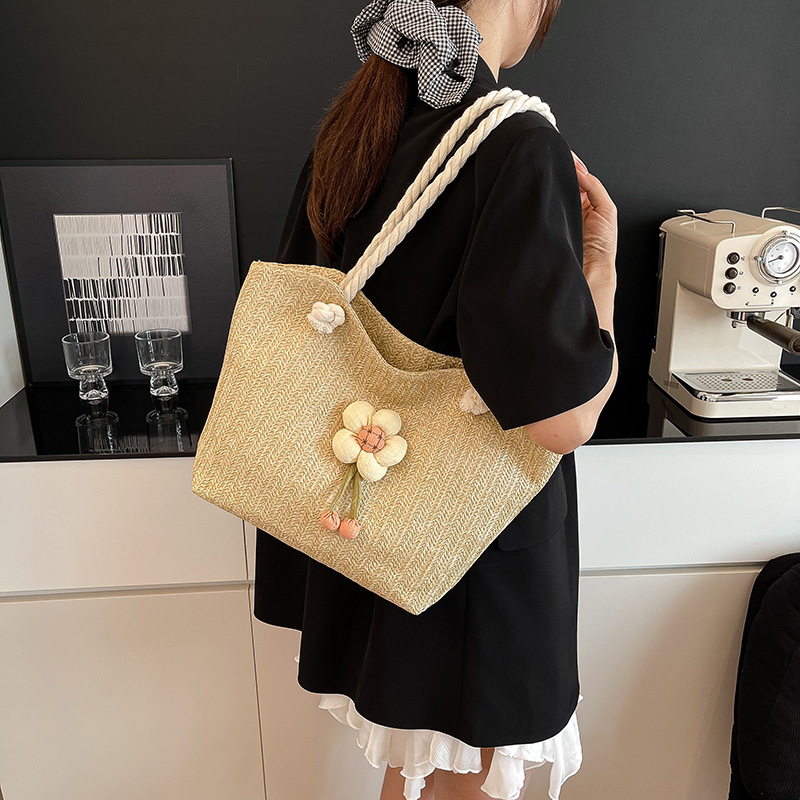 Woven straw bag for women, large capacity 2025 new summer versatile single-shoulder bag, seaside crossbody bag, commuter tote bag Specification drawing