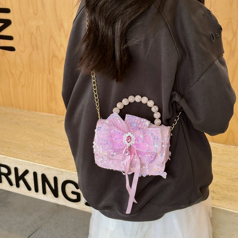 Dreamy lace bow princess crossbody bag, cute anime children's single-shoulder bag, cartoon pearl handbag Specification drawing