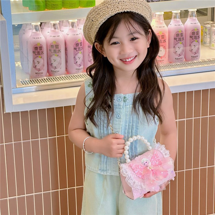 Princess and girl fashion single-shoulder Elsa Princess small bag, pearl hand-held mini chain crossbody bag for children details Picture