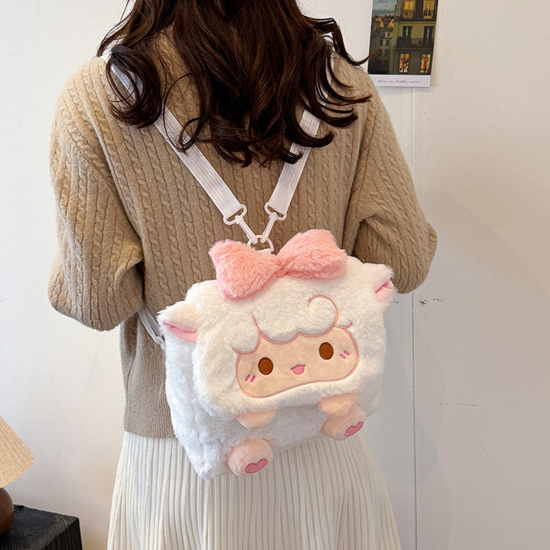 New cartoon bow little sheep plush toy backpacks for girls, soft and cute student backpacks wholesale Specification drawing
