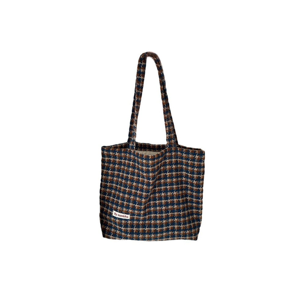 311021 Korean-style ins canvas bag, women's woolen small checkered single-shoulder bag, large-capacity casual shopping tote bag Item Picture
