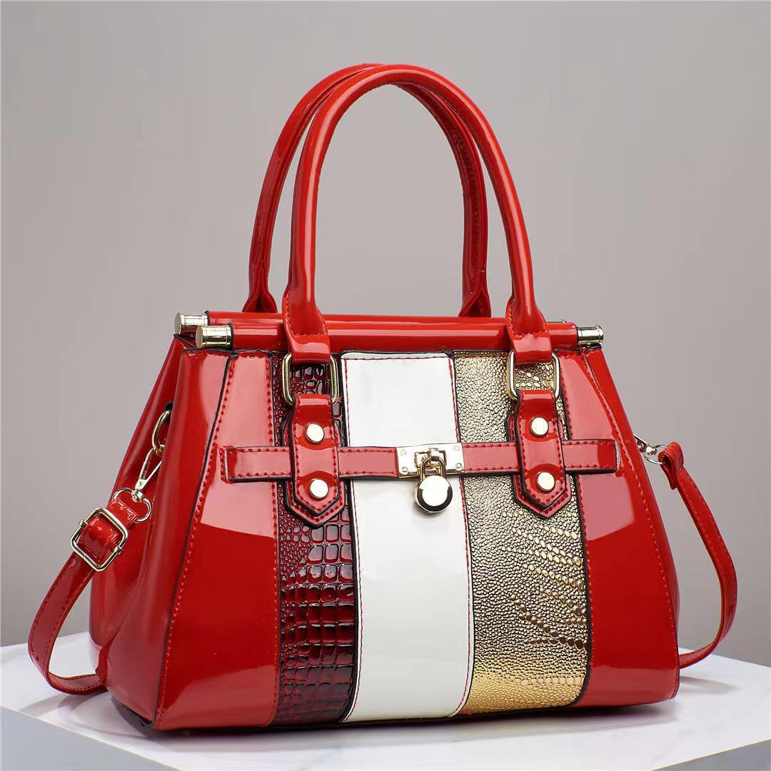 2023 new vertical spliced bright leather lizard pattern cross-border large capacity single-shoulder diagonal cross texture stylish large women's bag Specification drawing