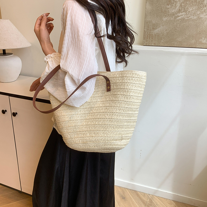 Summer new vacation beach bag, simple and elegant woven tote bag, large-capacity casual single-shoulder straw woven bag Specification drawing