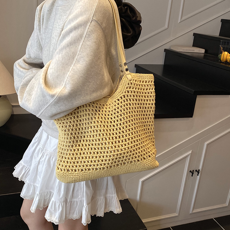 Hollowed-out knitted large-capacity bucket bag for women, 2025 new style, versatile for seaside vacation, beach and commuting, single-shoulder bag Specification drawing