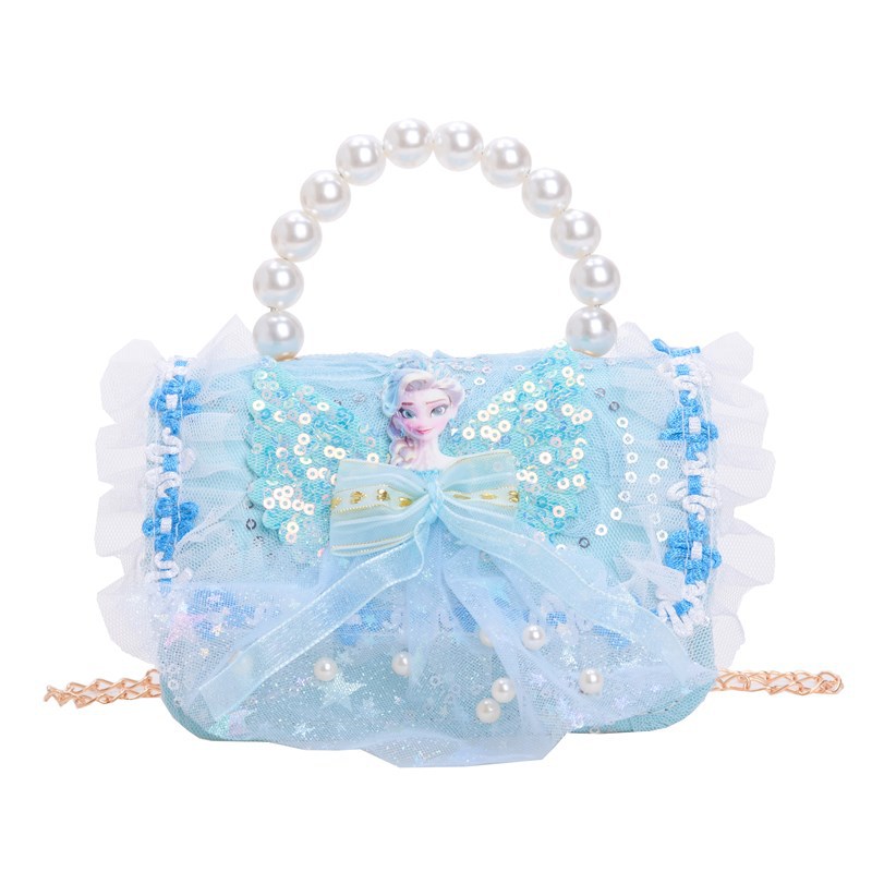 New foreign trade lace flower girls' single-shoulder crossbody bag, fashionable pearl bow children's bag, cartoon coin purse Item Picture