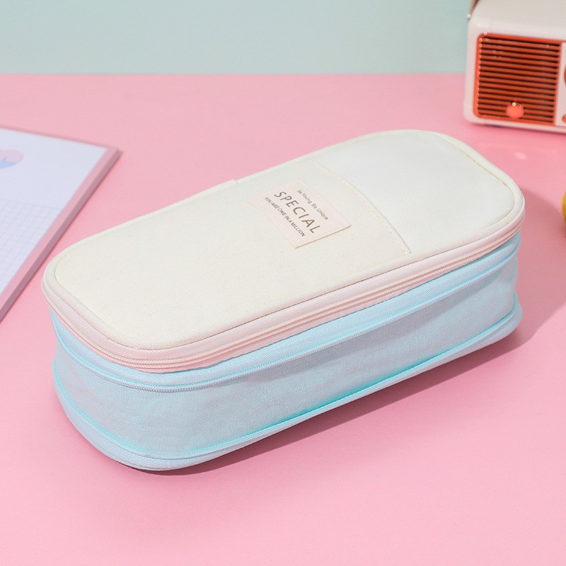 Macaron retractable pen case, large-capacity Amazon simple stationery box wholesale, double-layer color-blocked canvas student pen case Specification drawing