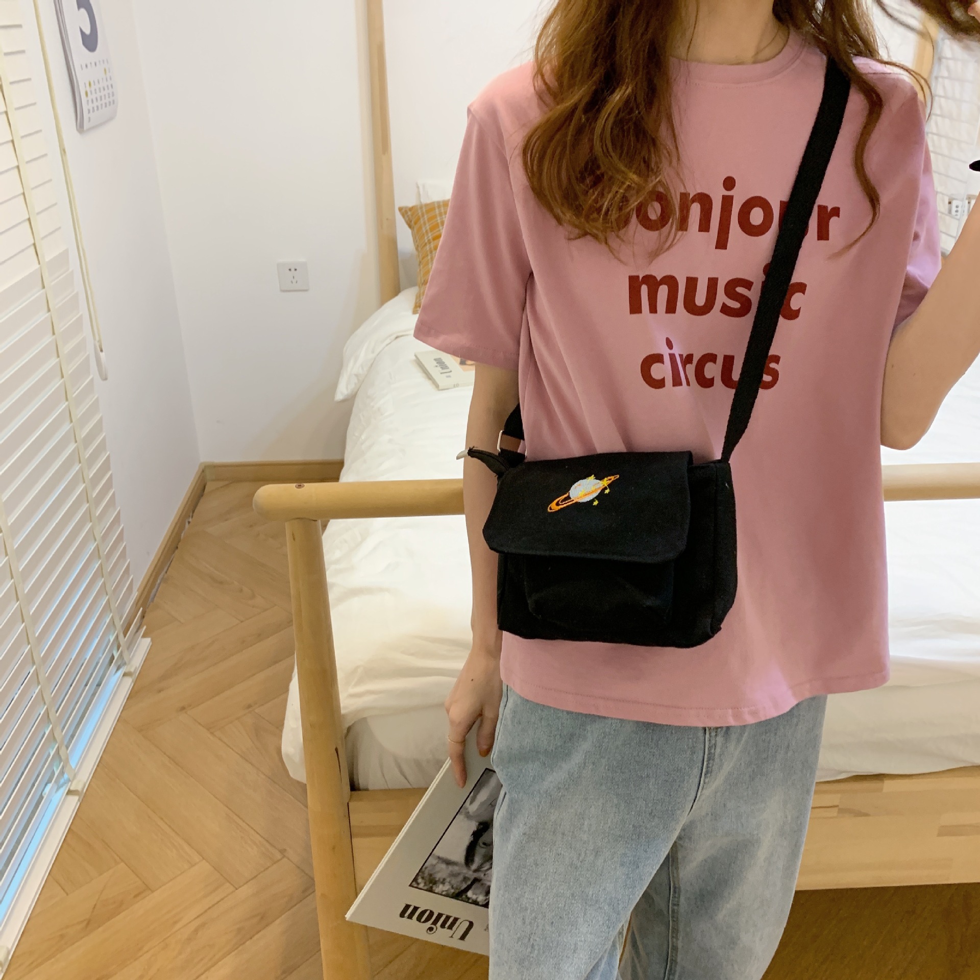 9794 Korean style ins solid color crossbody bag, portable flip cover bag, simple and versatile shoulder bag, shopping canvas bag for women Specification drawing