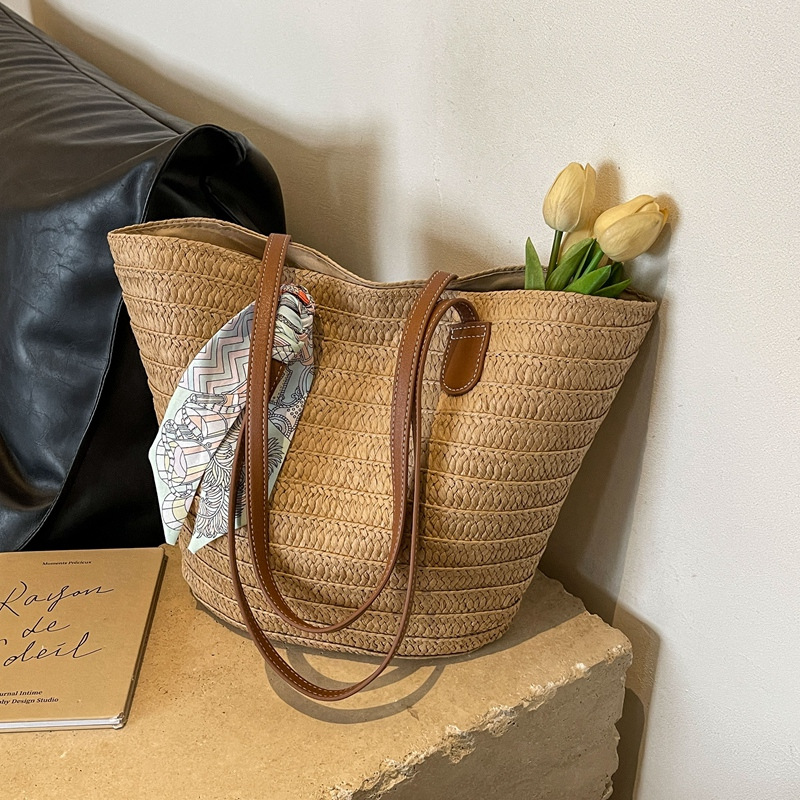 Straw woven bag for women, large capacity 2025 new style vacation beach bag, woven bucket bag, vegetable basket, commuting tote bag, trendy Specification drawing