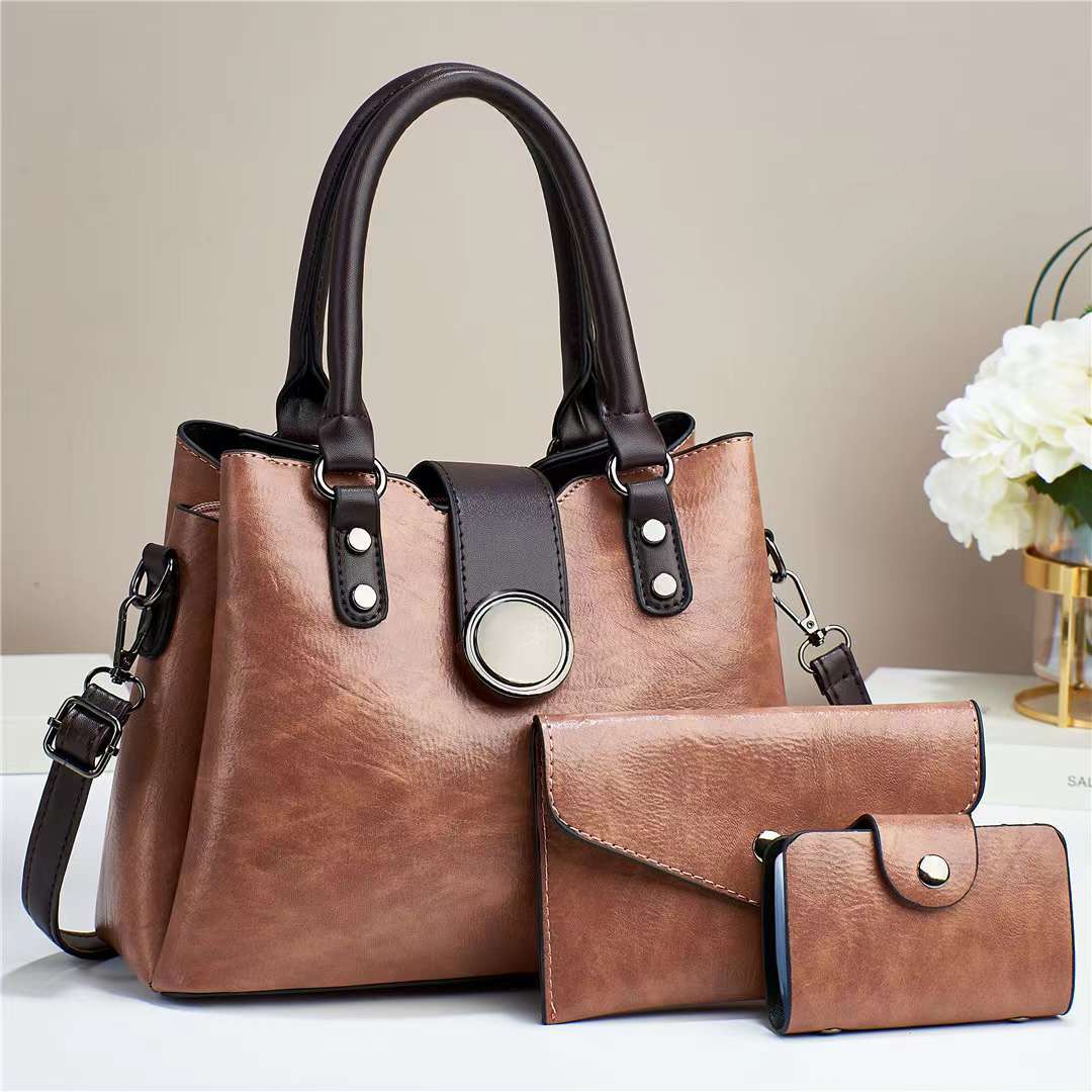 Cross-border foreign trade women's bag 2024 Autumn/Winter new style European and American solid color retro large capacity three-piece set mother-and-child bag crossbody bag details Picture