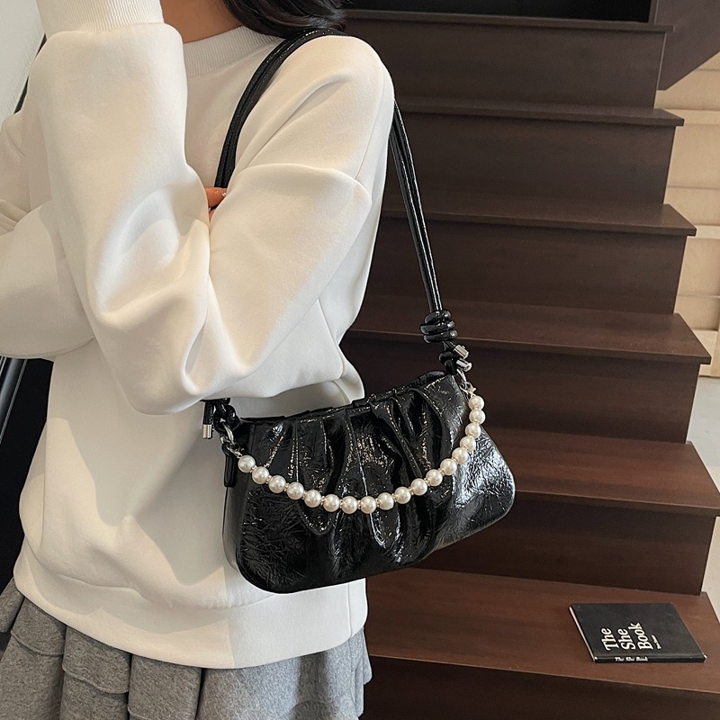 High-end underarm bag 2025 new style versatile handbag, beaded single-shoulder bag, pleated crossbody bag, fashionable small square bag Specification drawing