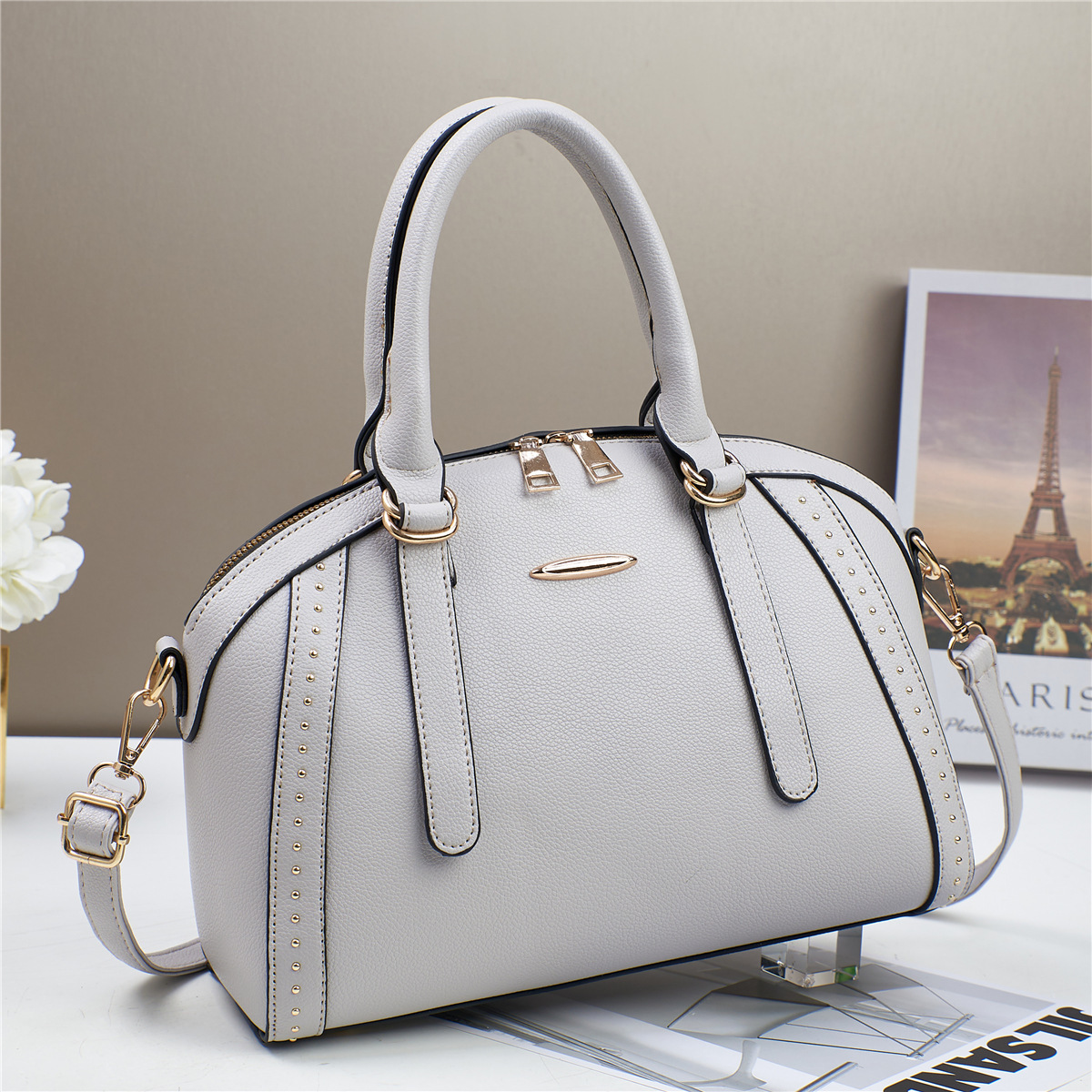 Wholesale of Boston Bag Women's 2024 new niche quality pu handbag with large capacity single-shoulder crossbody bag Specification drawing