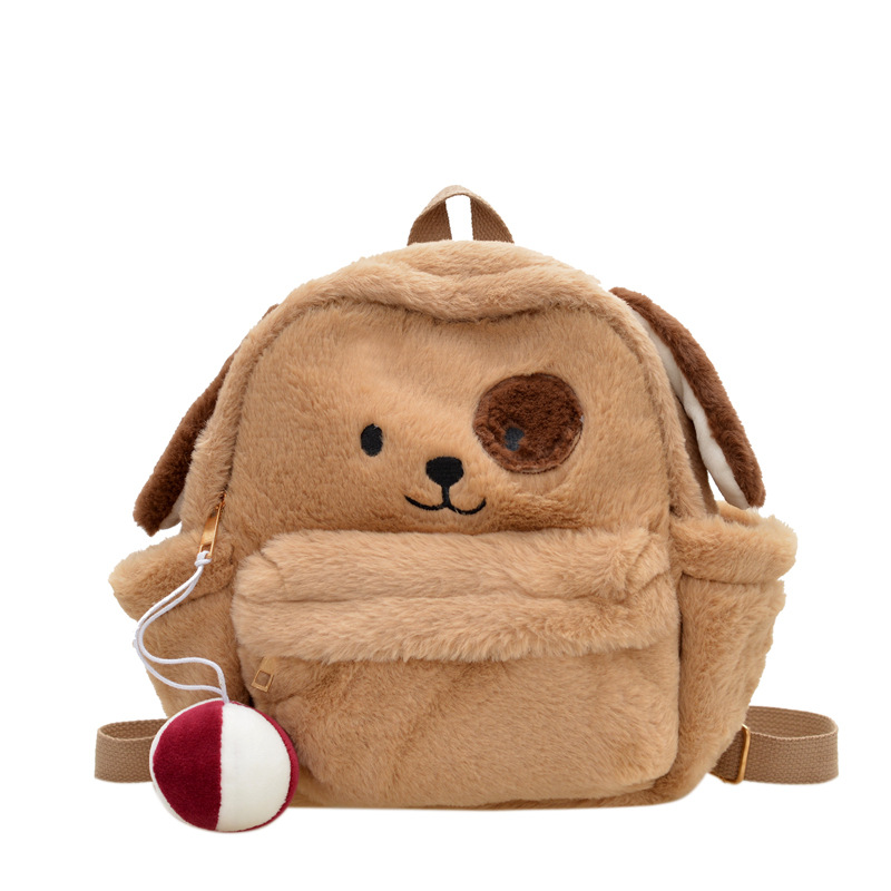 A new cartoon color-blocking plush dog backpack with large capacity, cute and soft girl plush bag, and a small backpack for children's classes Item Picture