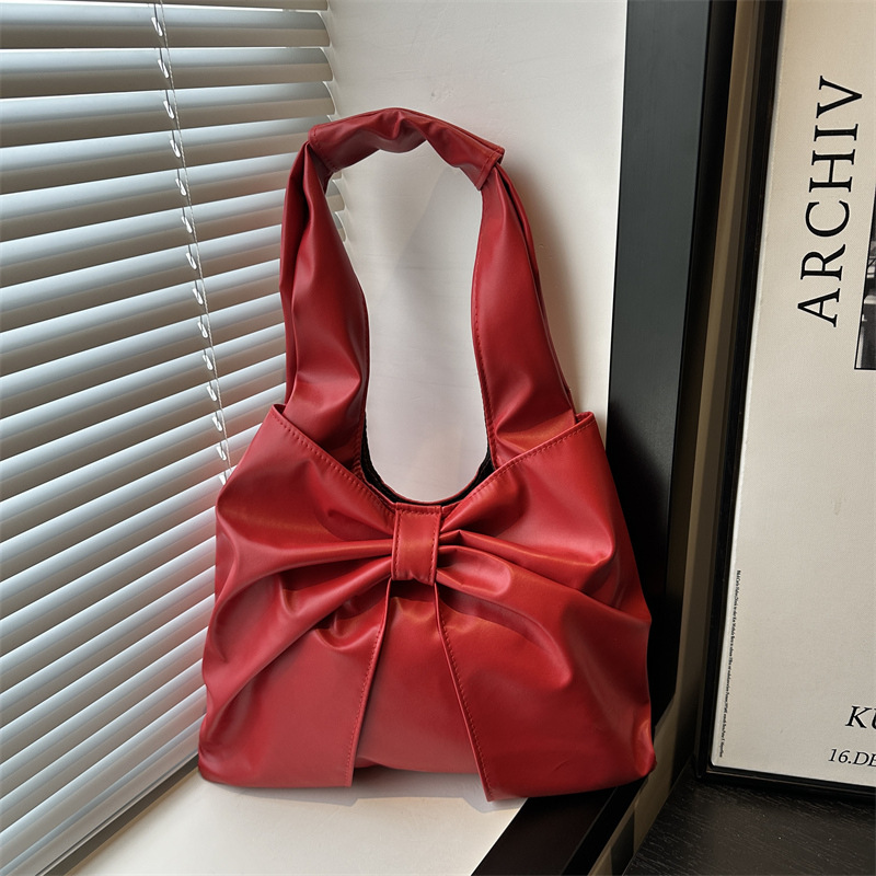 2025 Summer New bow pleated tote bag for women's commuting to work, large capacity single-shoulder bag, fashionable underarm bag full figure