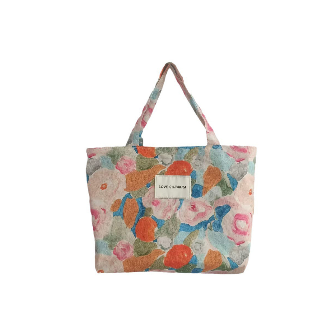 3692 ins retro oil painting flower handbag, storage bag for miscellaneous items, cute bento bag for ladies, artistic hand-held bag Item Picture
