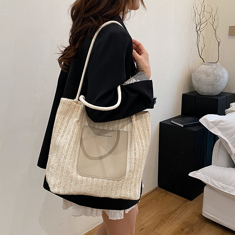 Summer straw woven bag for women, new large-capacity woven single-shoulder bag, high-end texture, niche commuting tote bag Specification drawing