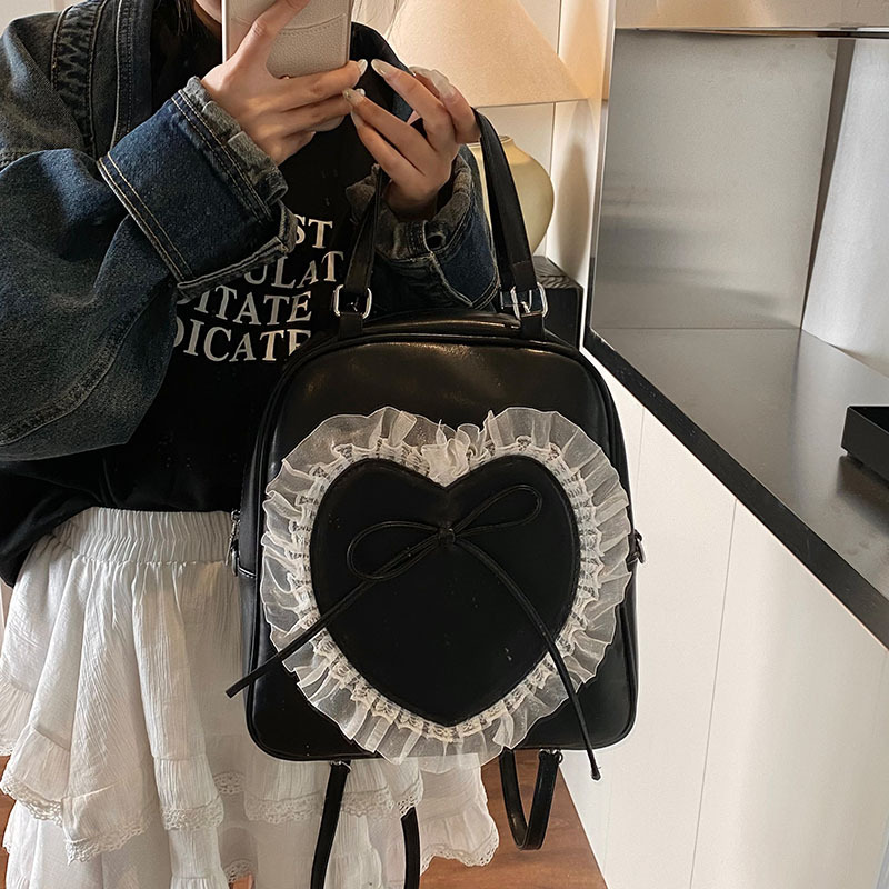 Korean style stylish large-capacity handbag for women 2025 New style, sweet and fashionable lace heart bow backpack details Picture