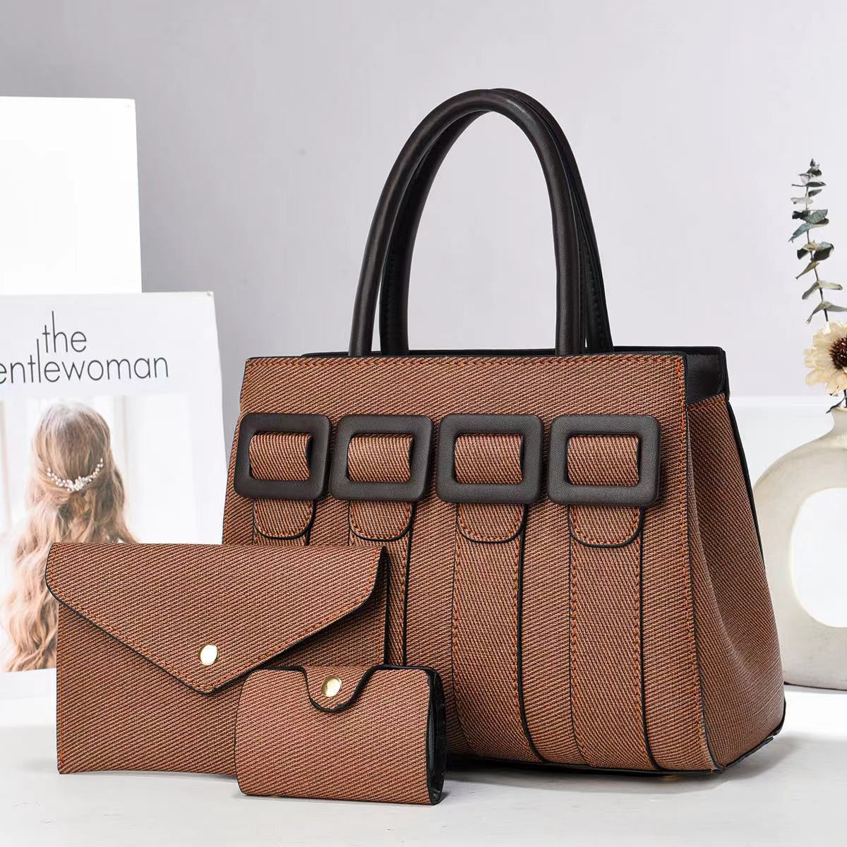 Large-capacity cross-border large bag, single-shoulder crossbody, high-quality women's buns, mother's bag, new three-piece handbag set for women, simple and elegant Specification drawing