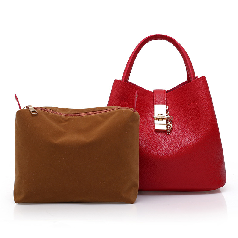 Cross-border foreign trade spliced single-shoulder bag for women, PU bucket bag for women, European and American fashion super-fine leather hand shoulder crossbody bag Item Picture