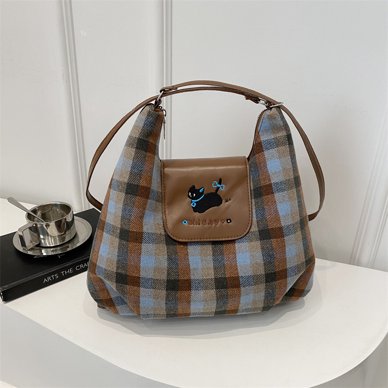 Korean cartoon puppy backpack for girls 2024 New style college checkered Tote bag Versatile large-capacity single-shoulder bag full figure