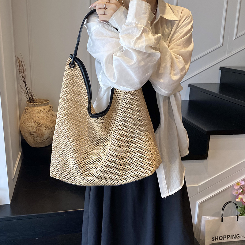 Large-capacity handbag, straw woven bag, 2025 new style, fashionable and versatile shoulder bag, vacation armpit bag, woven tote bag details Picture