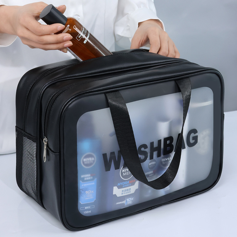 Dry and wet separated double-layer transparent PU cosmetic bag, men's portable cosmetics storage bag, travel bag, toiletry bag full figure