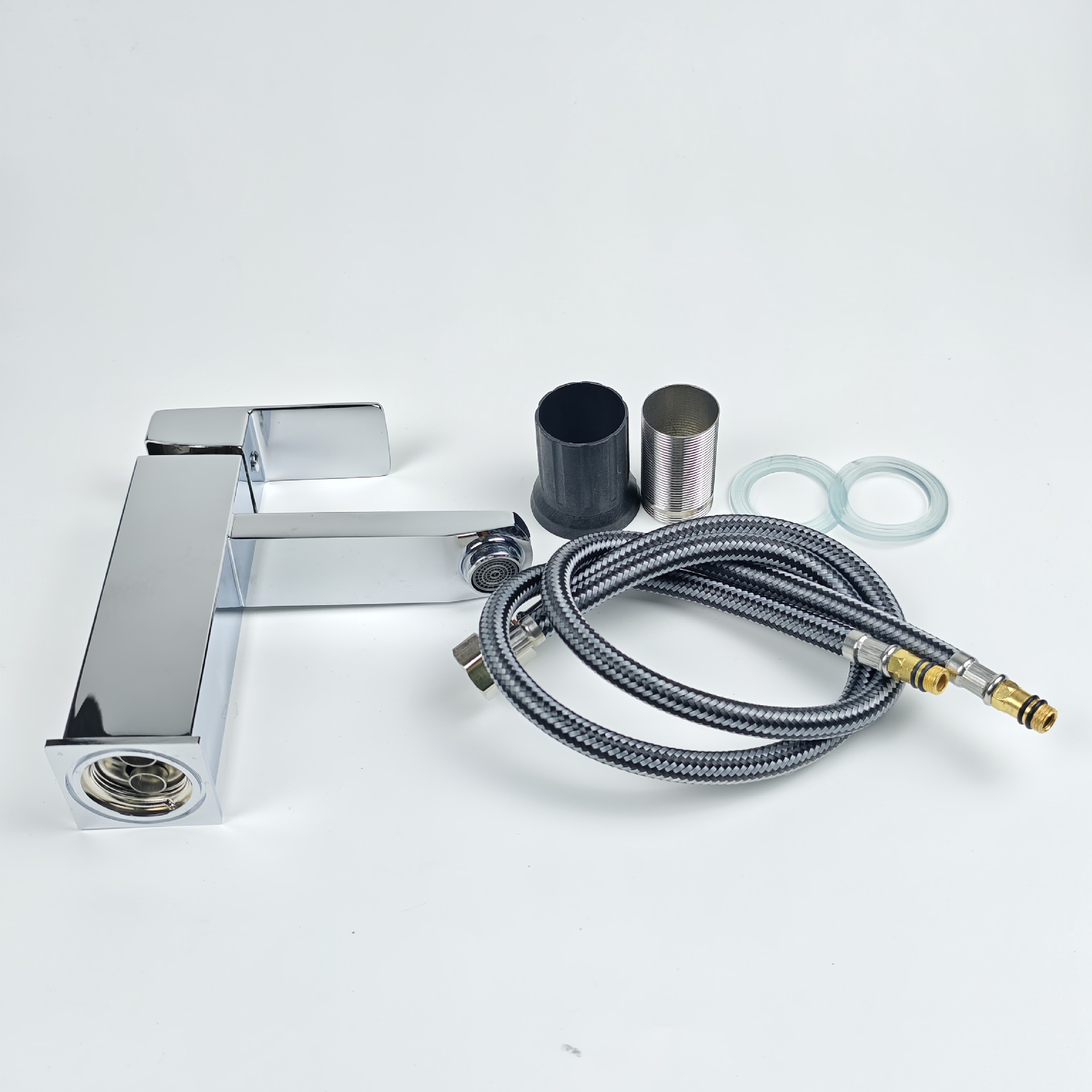 Electroplated low hot and cold washbasin faucet, stainless steel washbasin, bathroom faucet, water-saving basin, black full figure