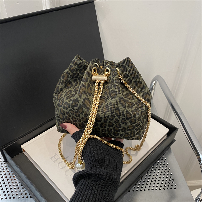 Cross-border leopard print small bag for women 2024, a new and niche design chain crossbody bag, mini drawstring bucket bag full figure