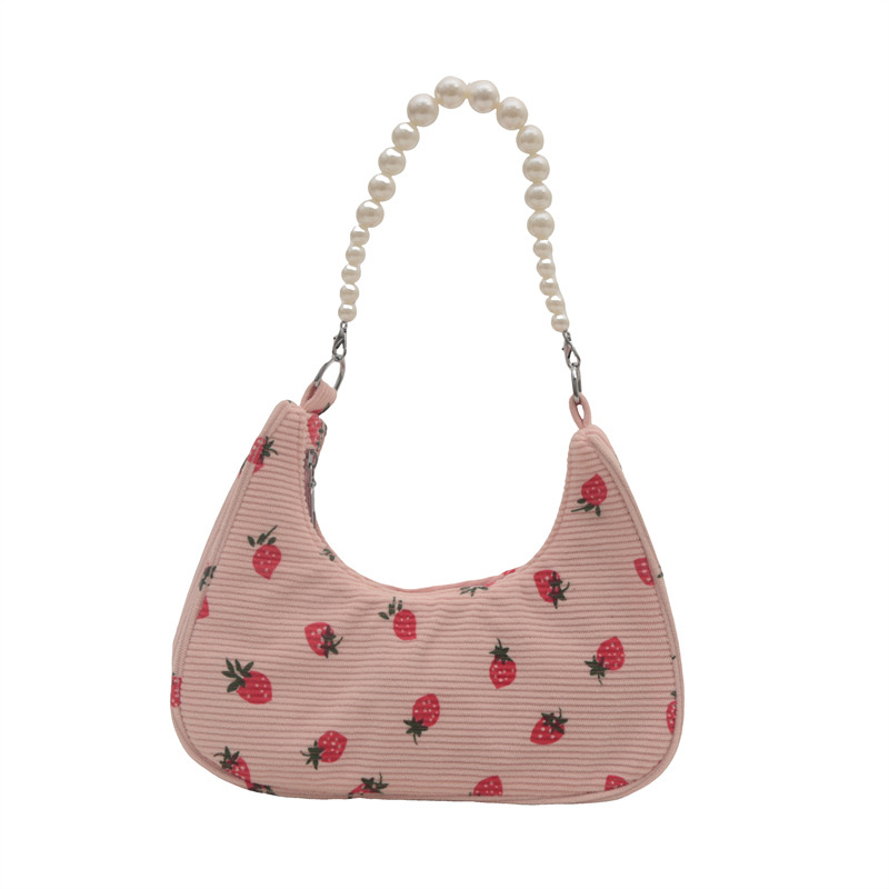 French fashion pearl chain underarm bag, cute strawberry print shoulder bag, versatile corduroy dumpling bag Item Picture