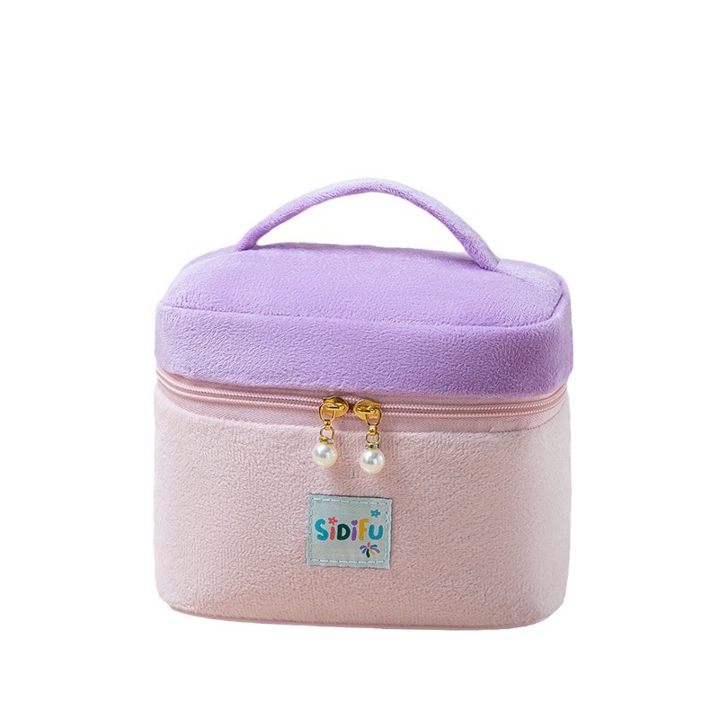 New velvet makeup bag, large-capacity travel makeup bag, soft and cute portable toiletry bag, and a girlish color-blocking storage bag Item Picture
