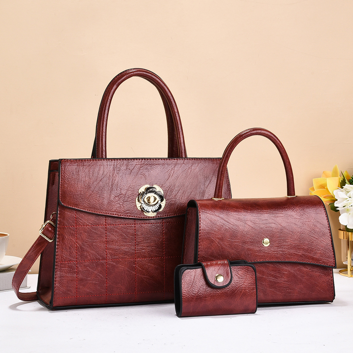 Cross-border three-piece set, European and American style handbag, high-quality bag, embroidered thread, high-end feel, ladies' bag, single-shoulder crossbody Specification drawing