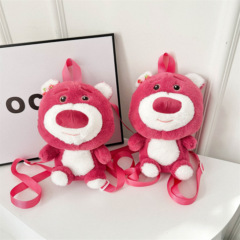 New cartoon sweet plush toy bag, children's cute strawberry bear backpack, claw machine doll exchange bag full figure