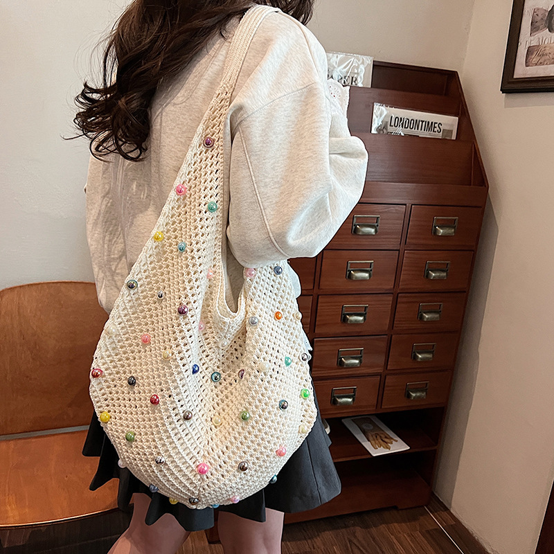 Lazy style beaded woven bag for women 2025 new style simple and cute single-shoulder hand-held bag with large capacity tote bag details Picture