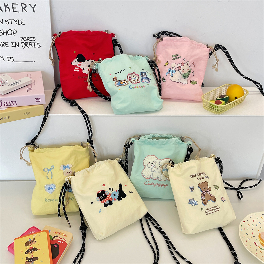 5731 Cute colorful embroidered bucket Bag, Japanese and Korean small cloth bag, casual single-shoulder crossbody mobile phone bag for academy girls full figure