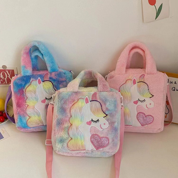 Wholesale of new cross-border colorful unicorn handbags, plush single-shoulder bags, toys, large-capacity crossbody bags and women's bags full figure