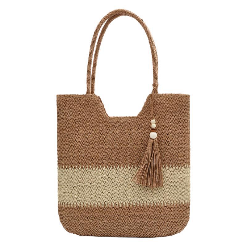 Summer new single-shoulder woven bag, beach vacation straw woven bag, casual large-capacity commuting hand-held bucket bag Item Picture