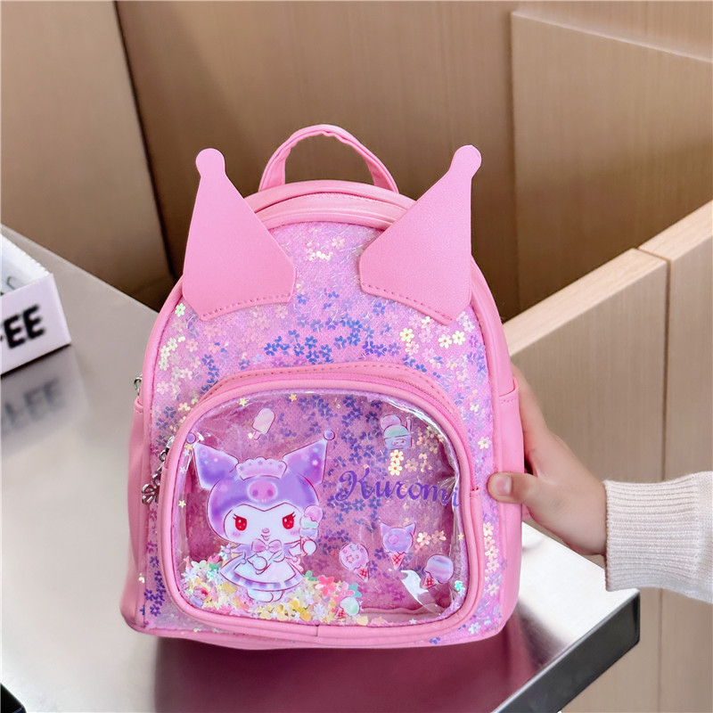 Cartoon sequined transparent children's schoolbag, princess mini backpack, girls' fashionable and cute bow baby backpack full figure