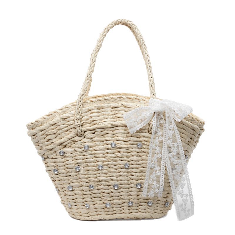 Seaside vacation beach handmade straw woven handbag for women, new style 2025 summer, large capacity drawstring with a vegetable basket, single-shoulder bag Item Picture