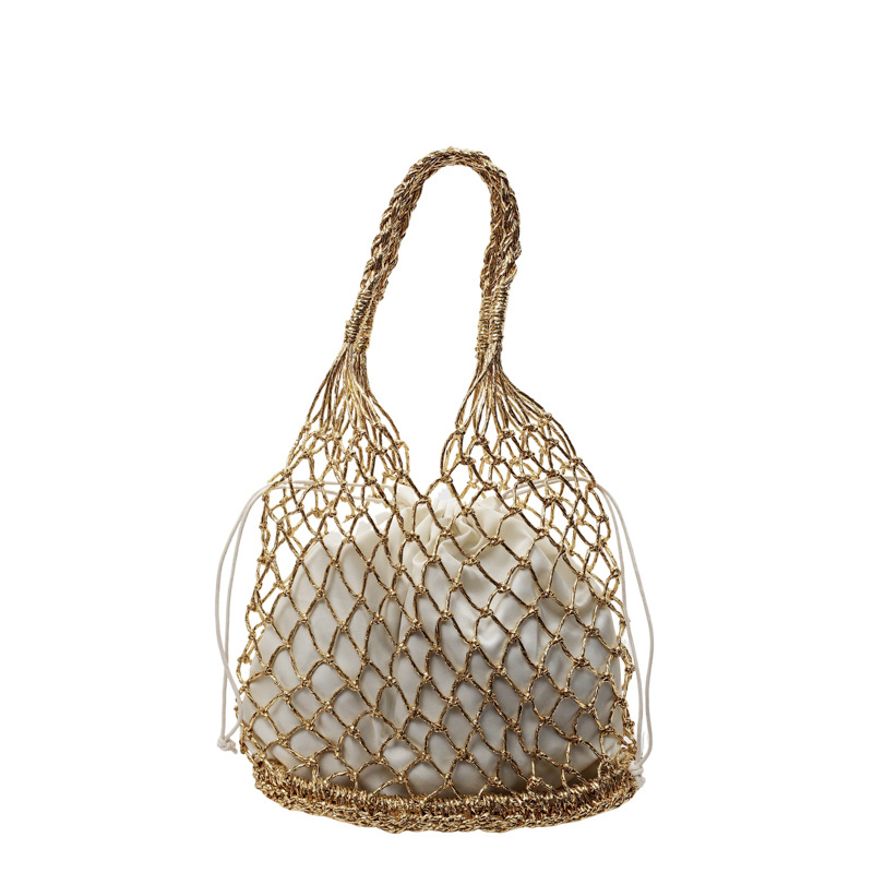 The new solid-color gold and silver thread hand-woven bag from ins is trendy and fashionable. It's a forest-style hand-held beach woven bag Item Picture