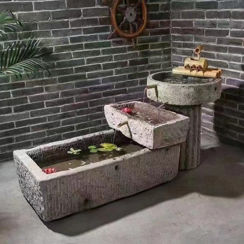 Old stone trough fish tanks, fish ponds, stone stone vats for fish keeping, outdoor courtyard stone mills, bluestone horse troughs, landscape water flow ornaments details Picture