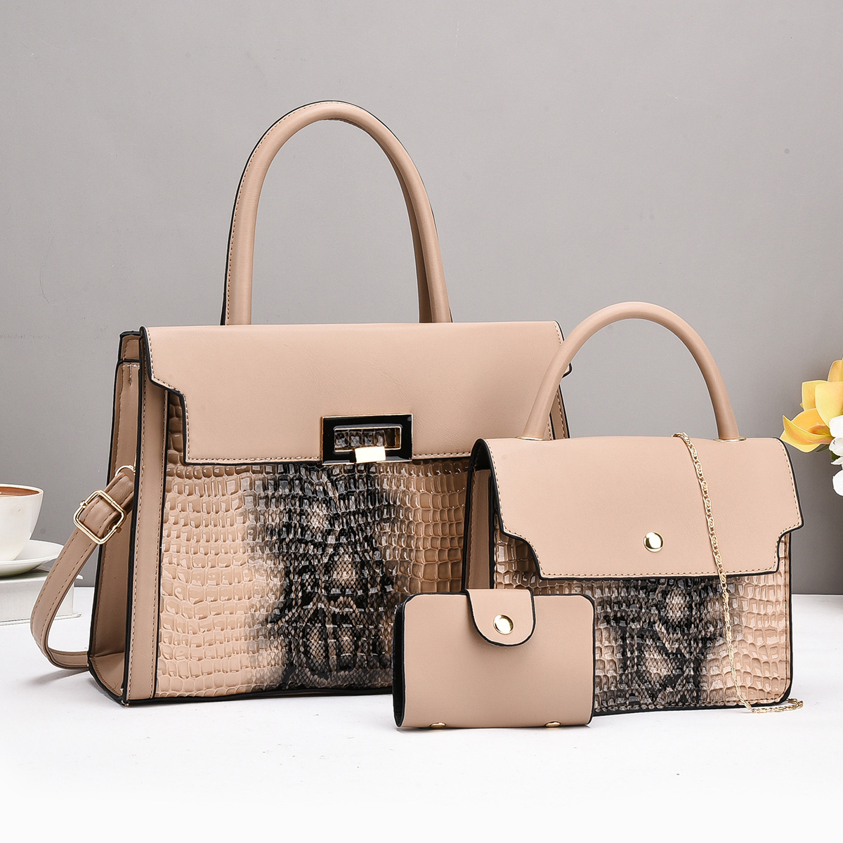 New fashionable PU three-piece women's bag, cross-border mother-and-child bag, 2024 European and American leather women's hand-held shoulder bag full figure