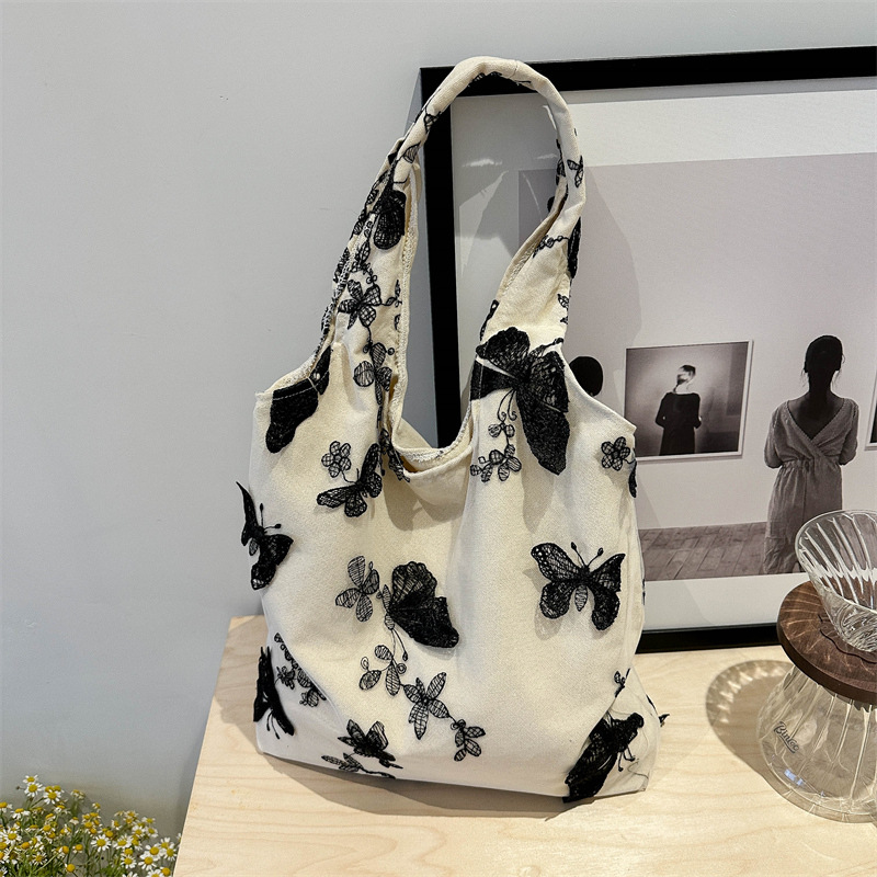 Embroidered butterfly lace fairy bag, ins travel women's bag, canvas bag, artistic, large capacity, versatile, single-shoulder bucket bag full figure