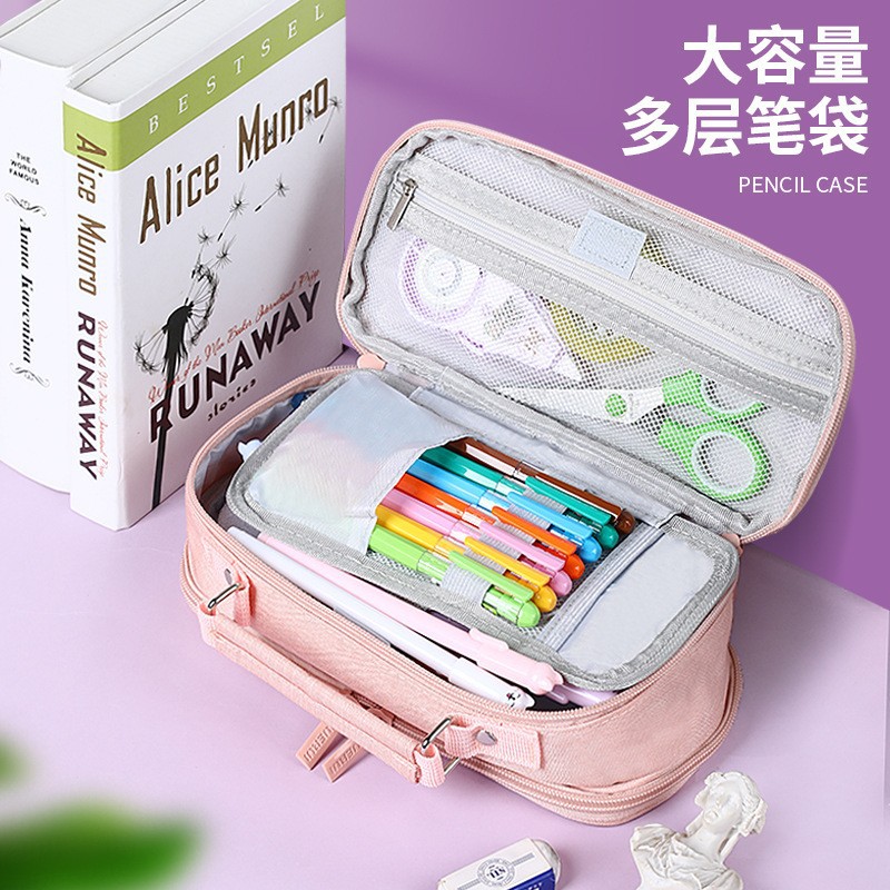 Large-capacity double-zipper stationery pen case, portable multi-functional pencil box, simple storage for junior high school, senior high school and primary school students' stationery details Picture