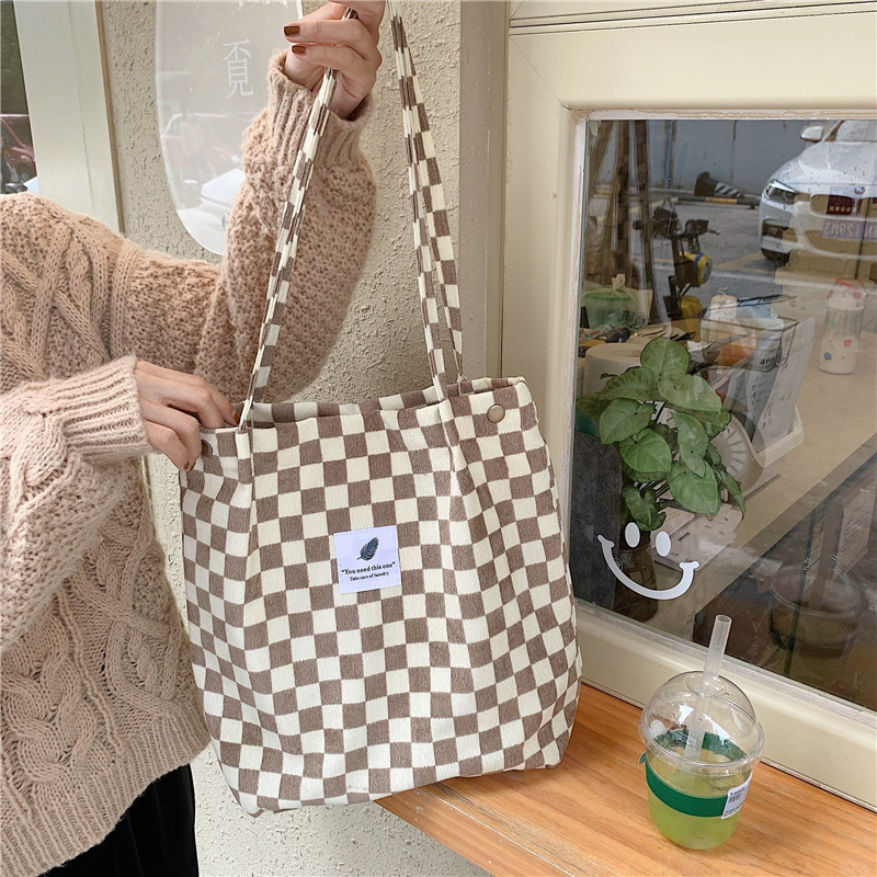 012174 Retro corduroy checkered single-shoulder tote bag, female student class canvas bag, simple hand-held cloth bag Specification drawing