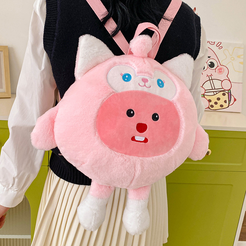 Plush double backpack, cartoon transformation egg doll plush toy bag, beaver strawberry bear bag, claw machine doll bag Specification drawing