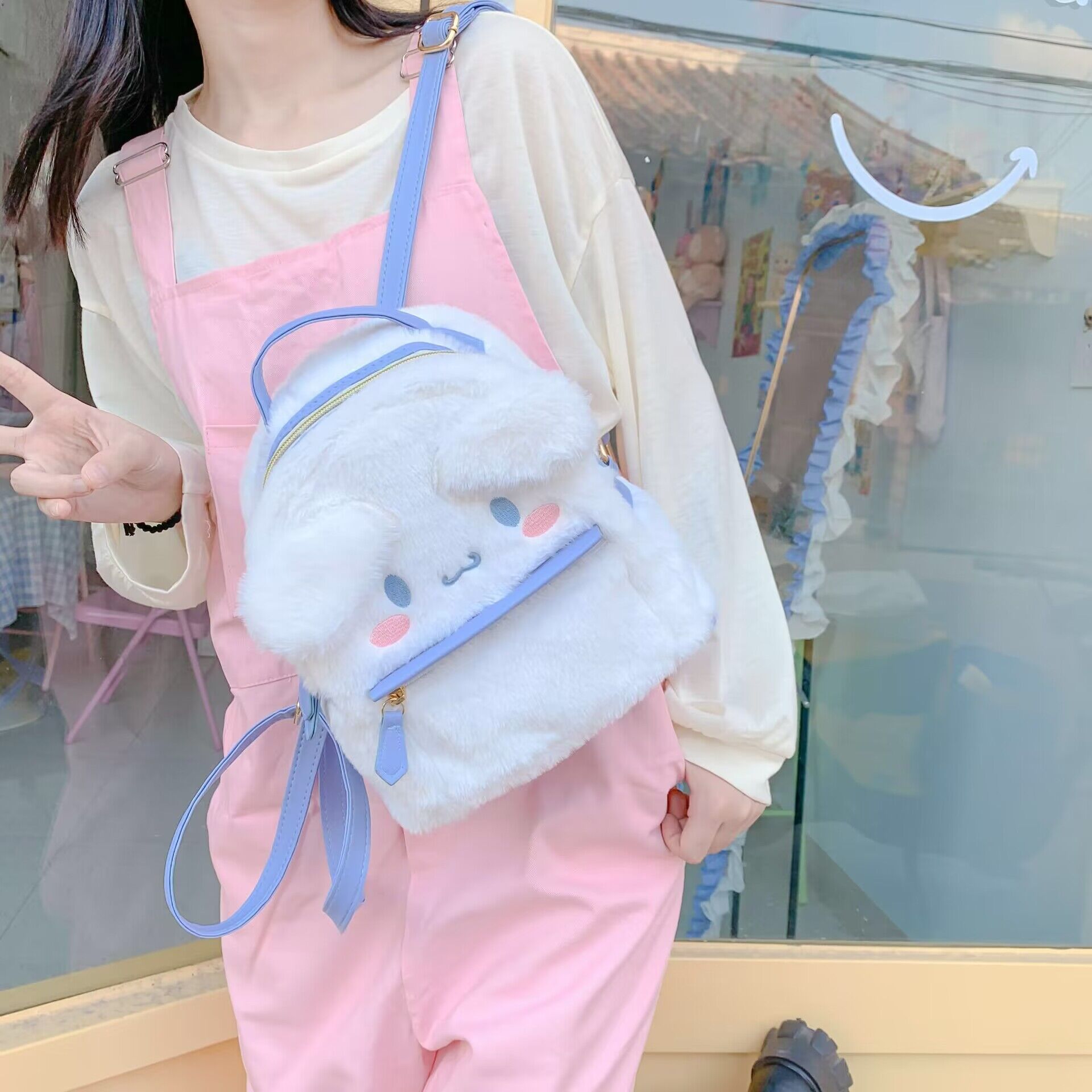 Japanese-style ins cartoon student plush bag, cute and girlish backpack, ugly and cute big-eared dog, fluffy schoolbag Specification drawing