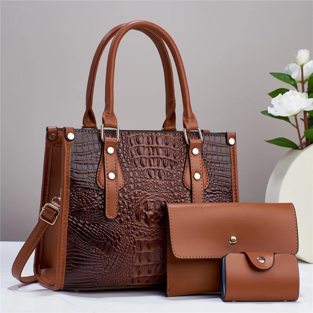 New crocodile pattern contrasting color simple texture three-piece set, large-capacity cross-border single-shoulder crossbody high-quality women's bag large bag details Picture