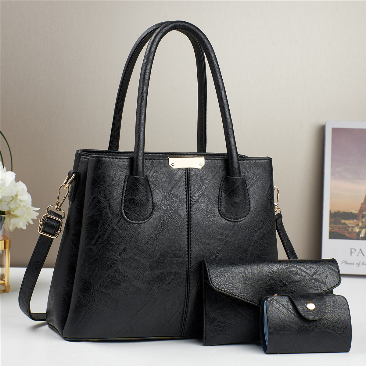 New retro pattern cross-border color-blocking print three-piece women's bag set, large capacity, stylish texture, single-shoulder crossbody full figure