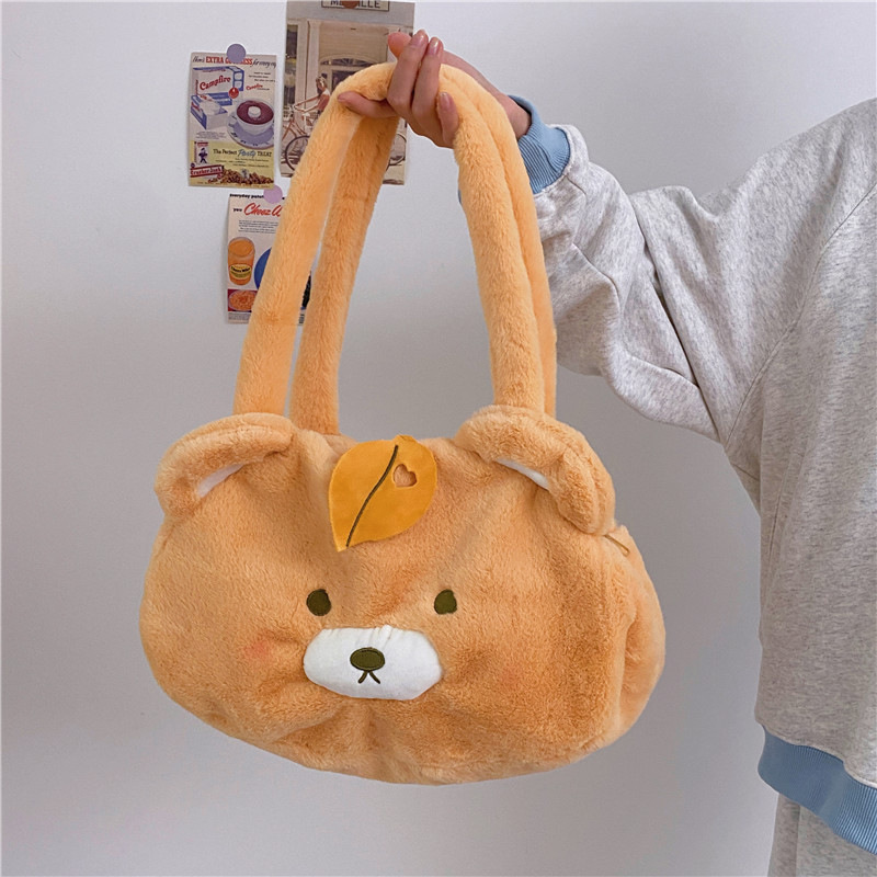 Cute bear plush bag, large-capacity student shoulder bag 2023, Japanese-style girl's fluffy hand-held tote bag details Picture